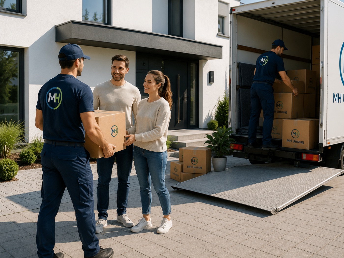 Privatumzug Augsburg – MH Umzug übergibt einer Familie Umzugskartons vor dem Haus